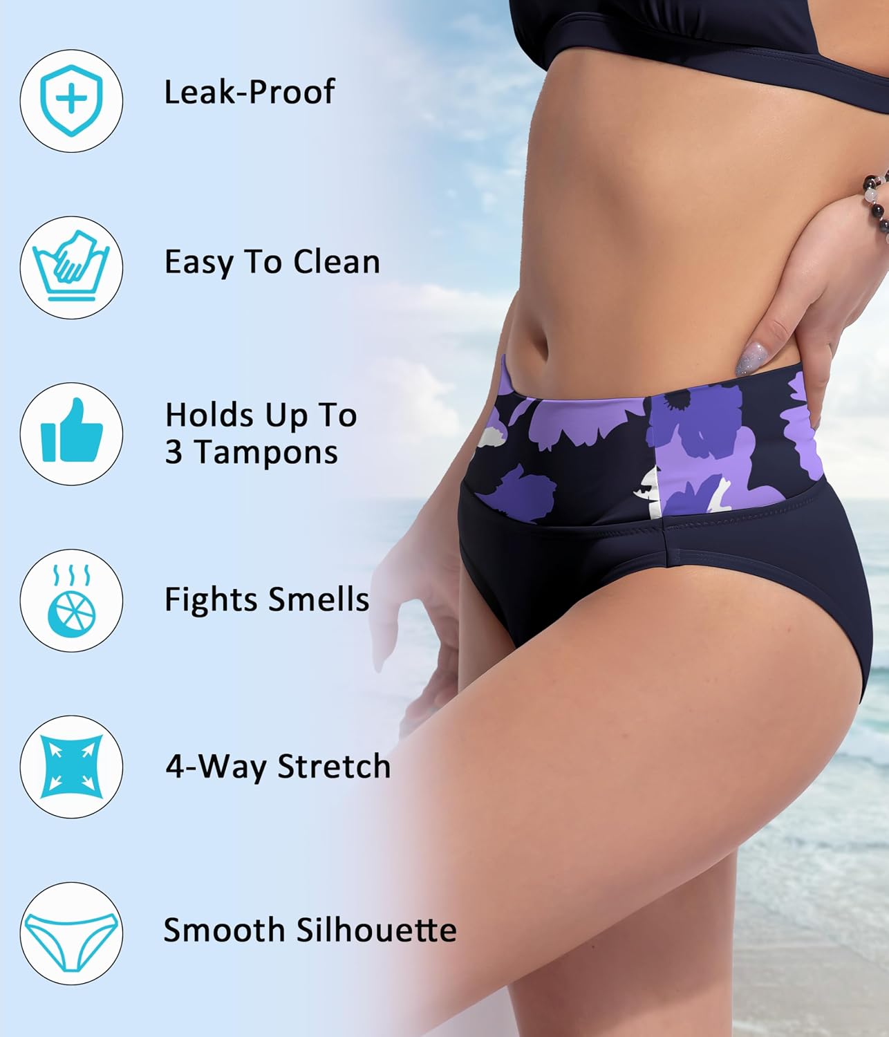 Detalle de Beautikini Period Swimwear Bikini Bottoms: Leakproof, Quick-Dry Bathing Suit for Teens