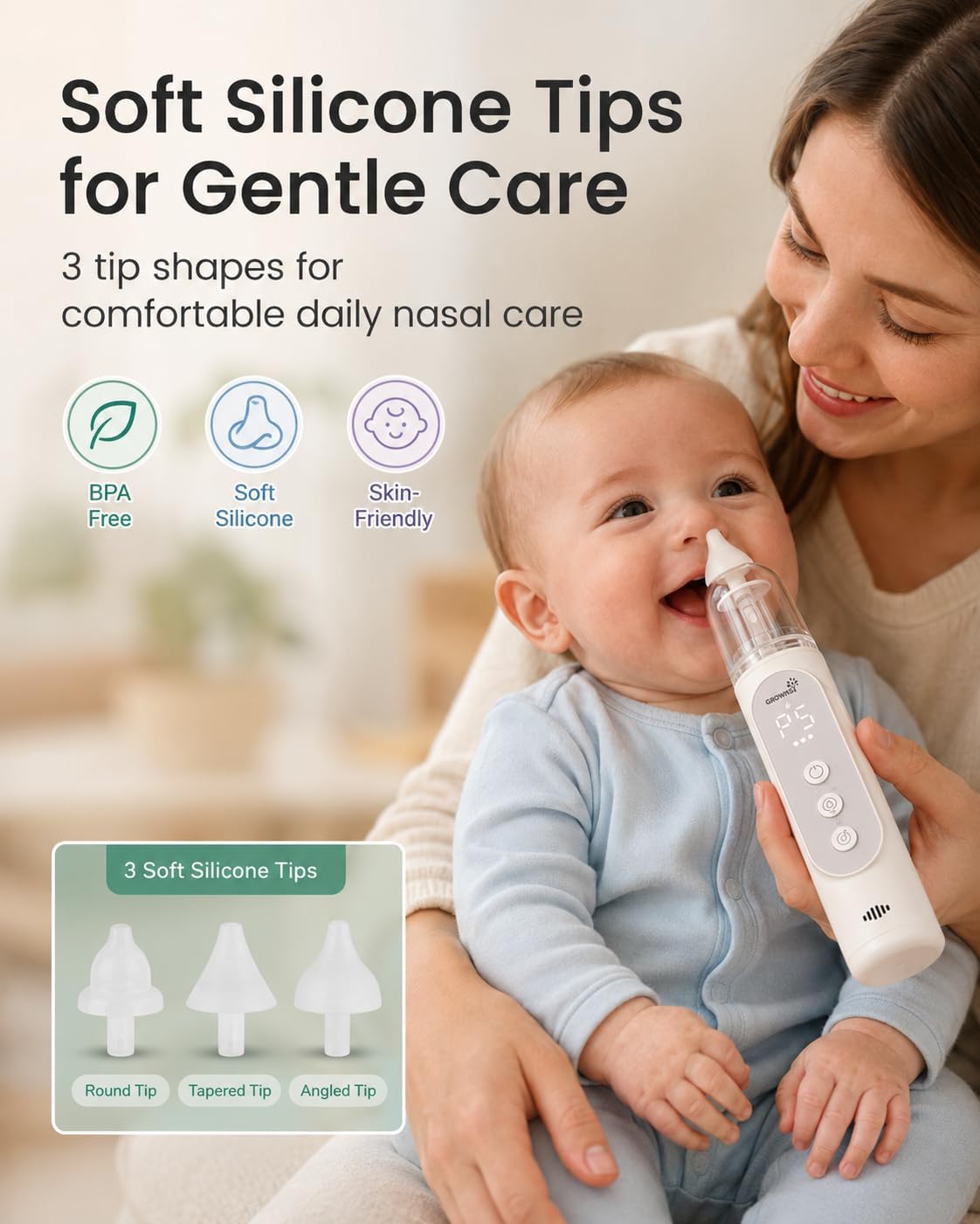 Thumbnail 4 de GROWNSY Nasal Aspirator for Baby – Gentle Elephant-Tip, 5 Suction Levels, IPX7 Self-CCleaning, Docked Charging & Soothing Night Light