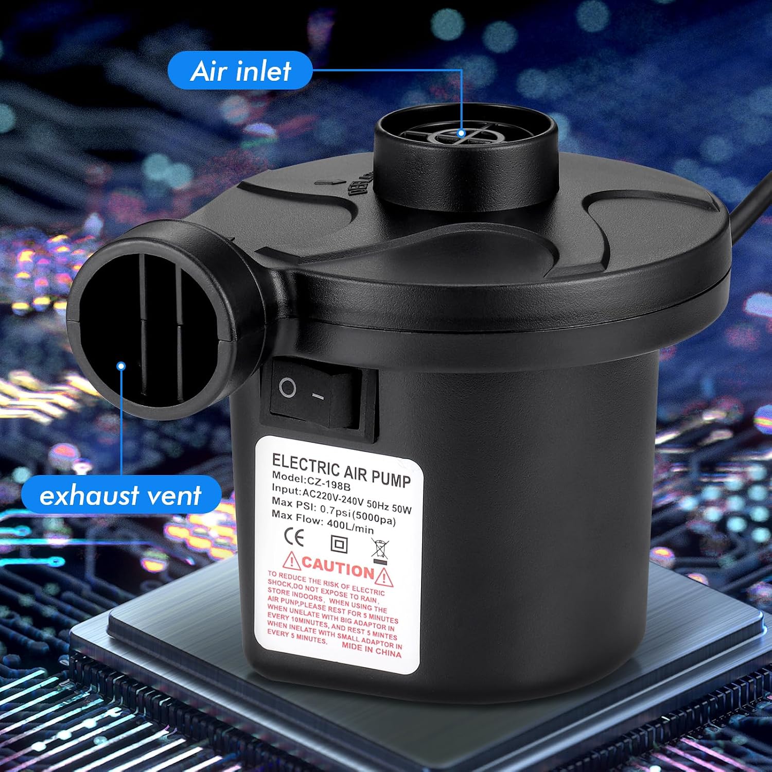 Detalle 2 de JIZZU CZ-S003-1-EU elektrische luchtpomp met 3 mondstukken, 220 V/DC 12 V