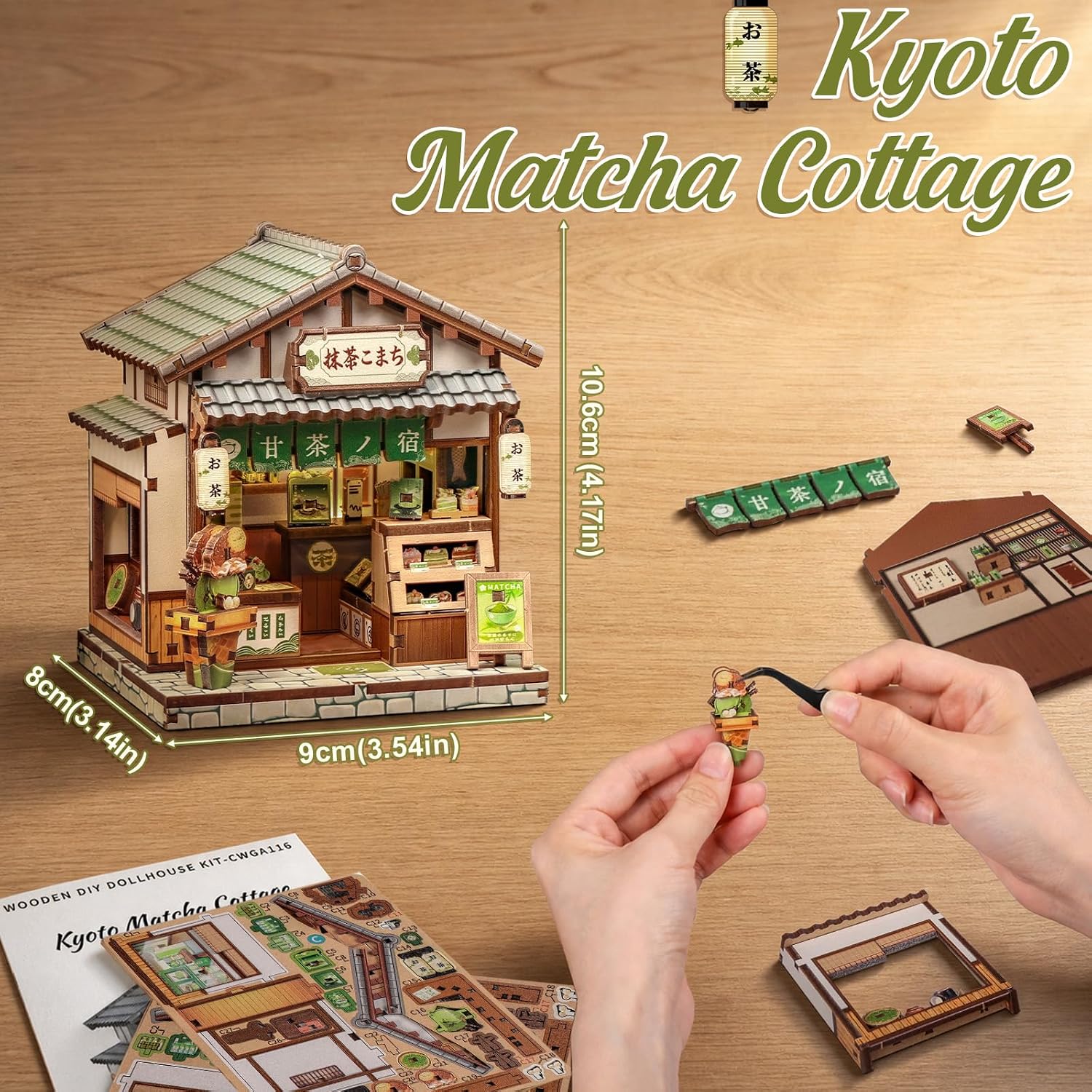 Detalle de Cutefun Kit Casa in Miniatura DIY – Kyoto Matcha Cottage: Book Nook Giappone in legno, 128 pezzi