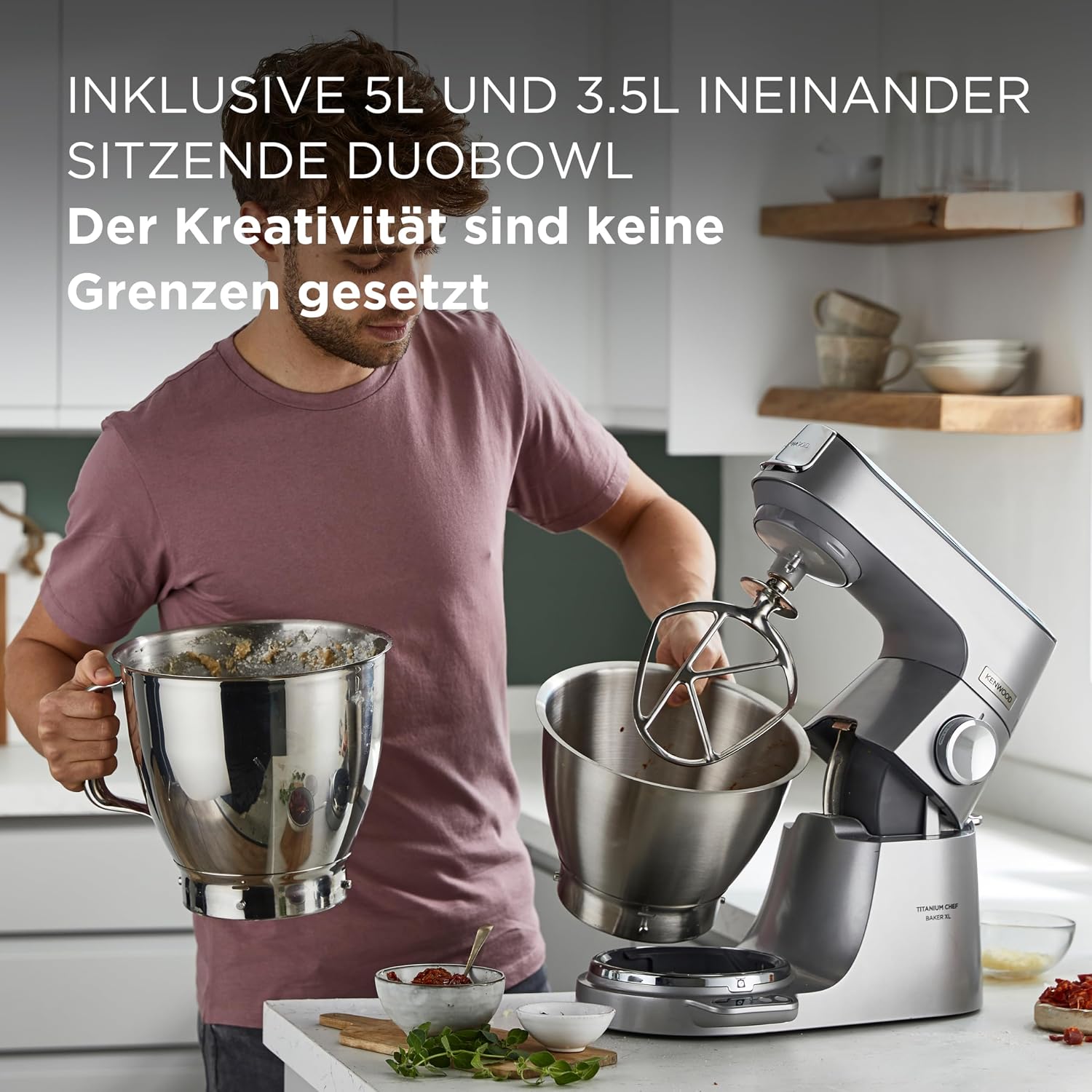 Detalle de Kenwood Titanium Chef Baker XL KVL85.424SI Küchenmaschine mit integrierter Waage und Patisserie-Set (7 L & 5 L)