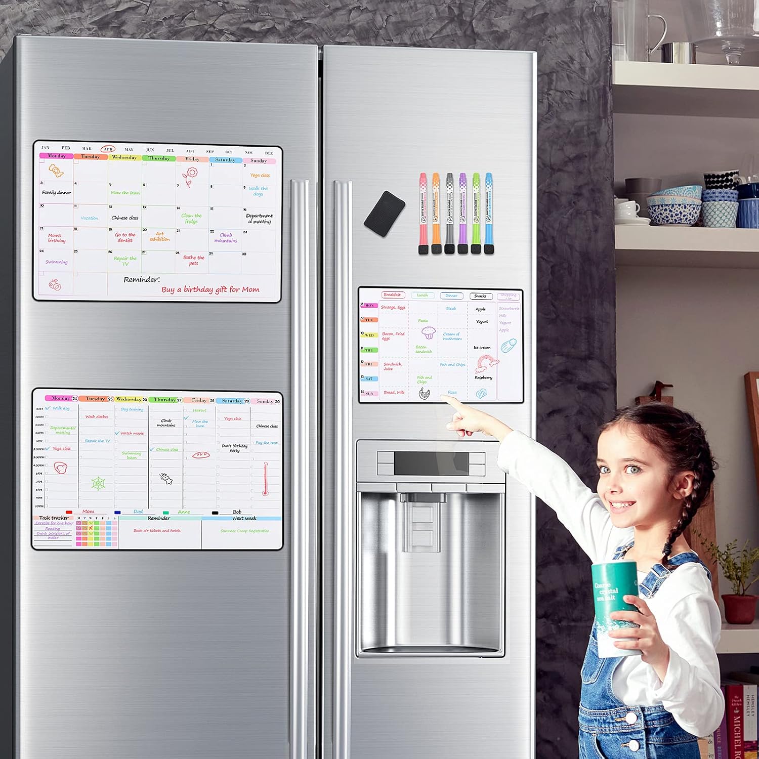 Thumbnail 2 de POPRUN 3 Pack Magnetic Dry Erase Calendar Whiteboard Set for Fridge (A3 family weekly & monthly planner)
