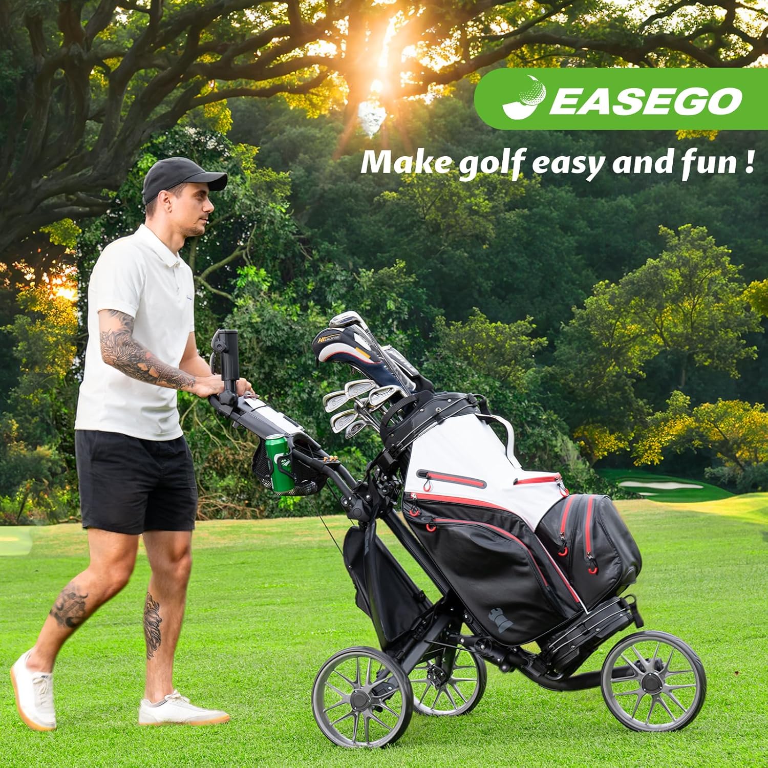 Detalle de EASEGO 3-Wheel Golf Cart: Foldable All-Terrain Push Cart with Phone, Cup, and Umbrella Holders