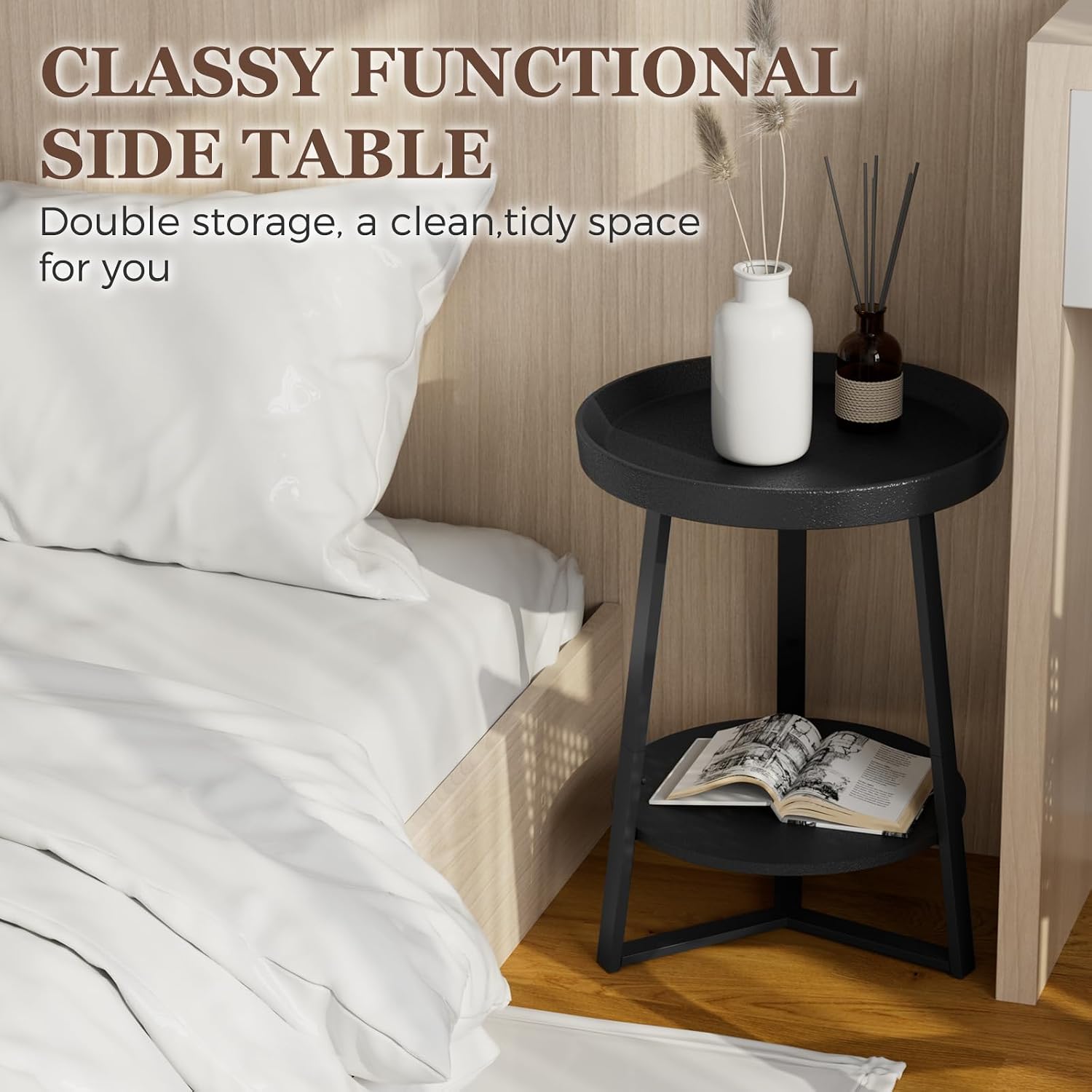 Detalle 2 de Gadroad 02ST024A Round End Table, Two-Tier Storage, Black Metal Frame