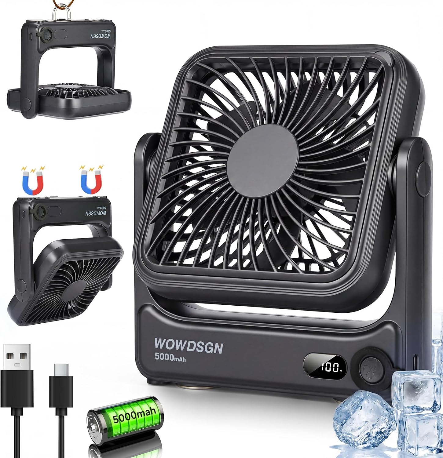 Detalle de WOWDSGN Tischventilator USB mit Starker Magnetbefestigung, 5000 mAh Akku, LED-Display und 4 Stufen – kompakt, flexibel und ideal für Camping, Wohnmobil und Büro