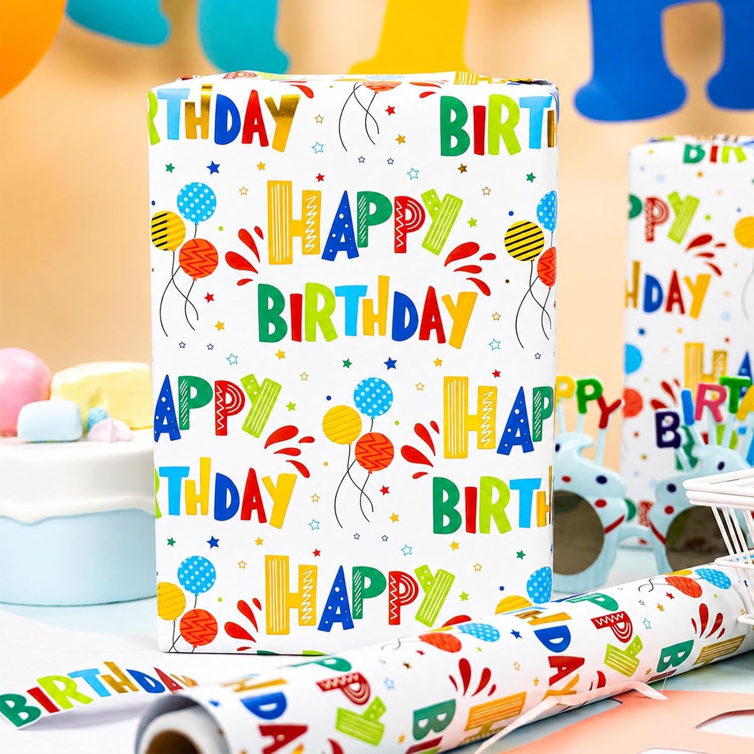 Thumbnail 1 de Burymento Birthday Wrapping Paper Roll – Colorful Gold Foil with Balloons & Stars (17 in x 32.8 ft)