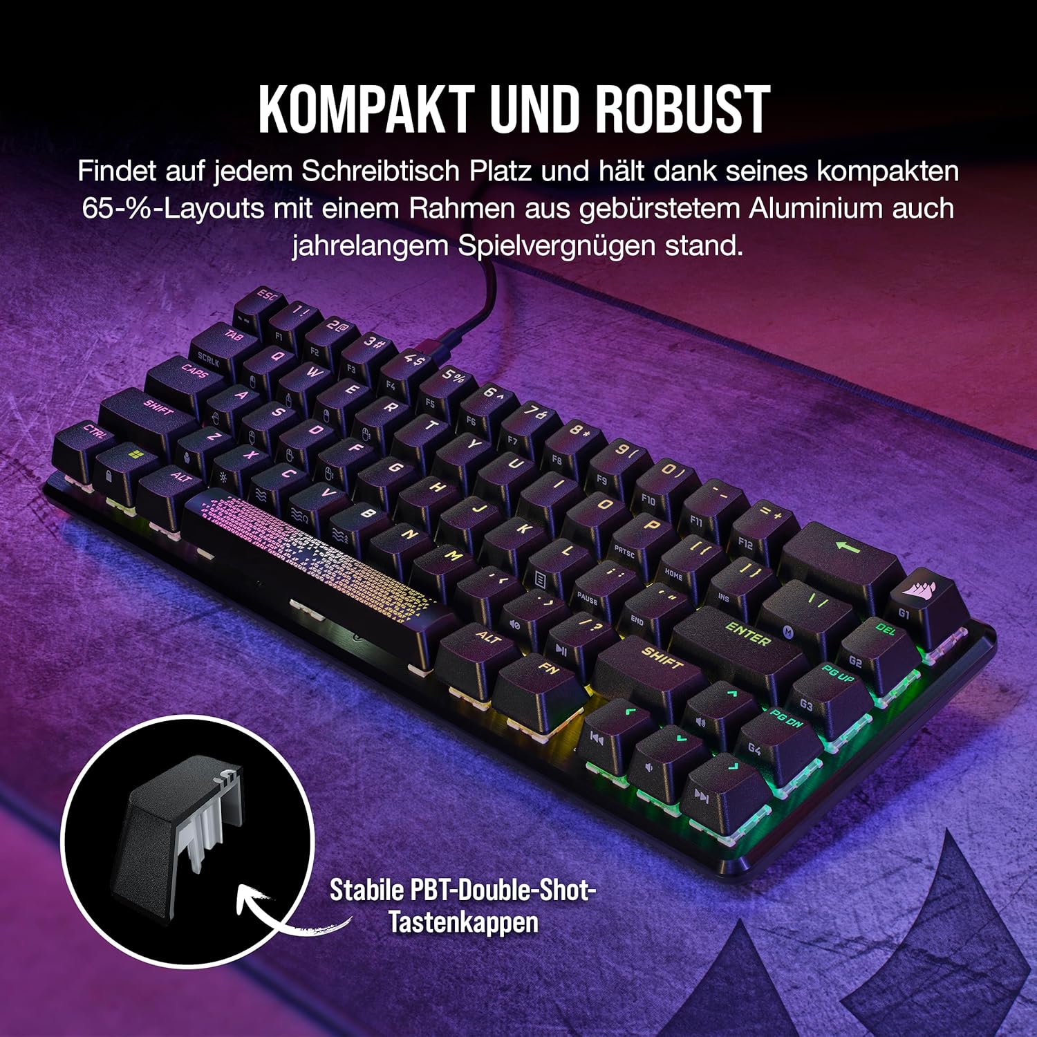 Thumbnail 2 de Corsair K65 PRO Mini RGB (65%) mit optisch-mechanischen OPX-Schaltern – iCUE, PBT Double-Shot, QWERTZ