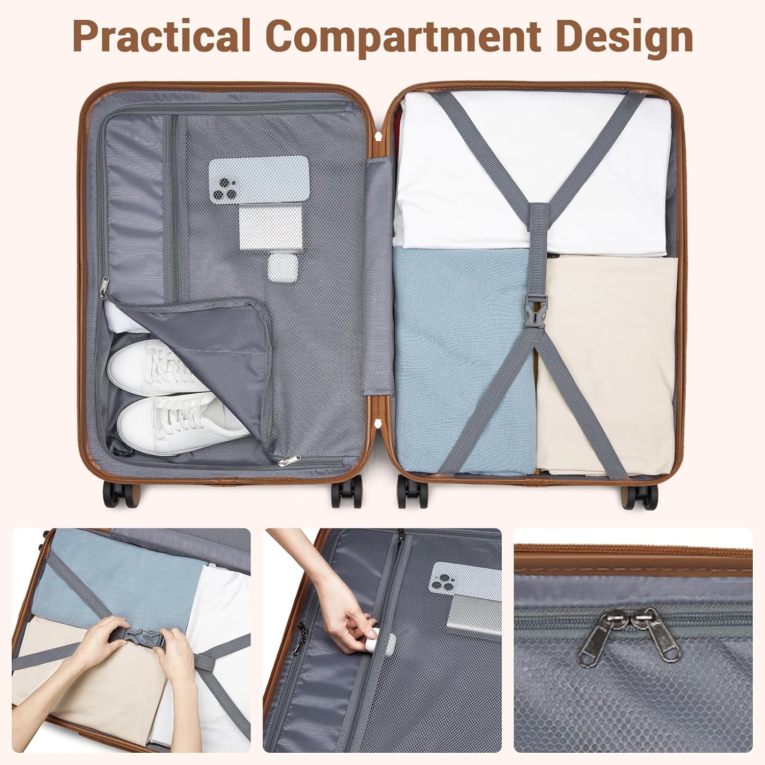 Detalle de Kono Cabin Suitcase 55x40x20 Lightweight ABS+PC Hard Shell Carry-On (Navy/Brown)