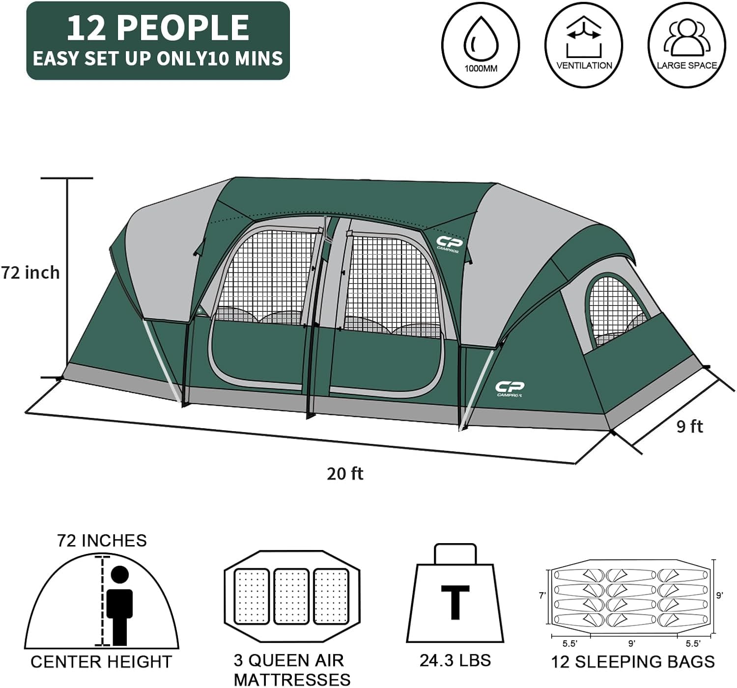 Thumbnail 1 de CAMPROS CP 12-Person Tent: 3-Room Family Cabin Tent with Top Rainfly, Waterproof & Windproof, 20' x 9' x 72" H