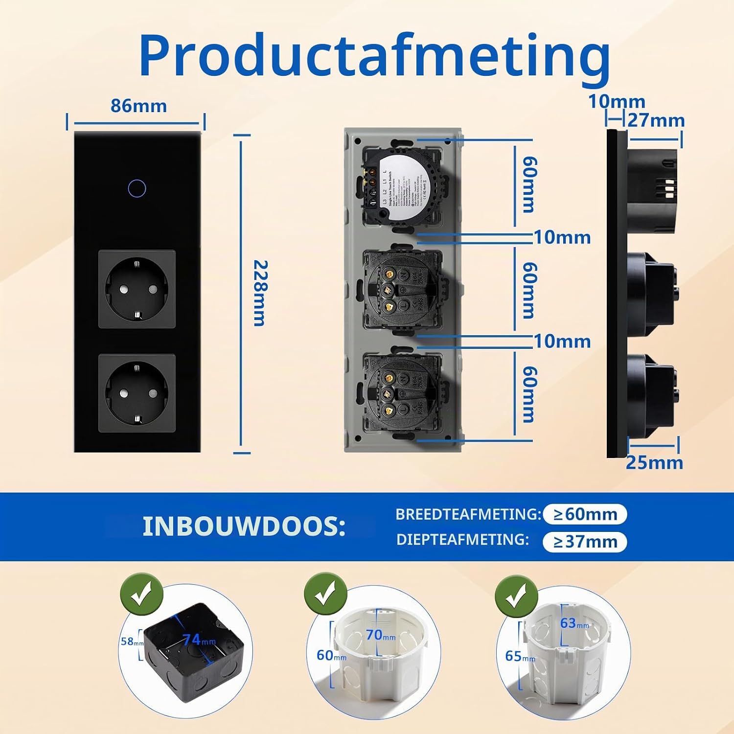 Detalle de BSEED FK86TS11 touch-wandschakelaar met dubbel stopcontact en gehard glas