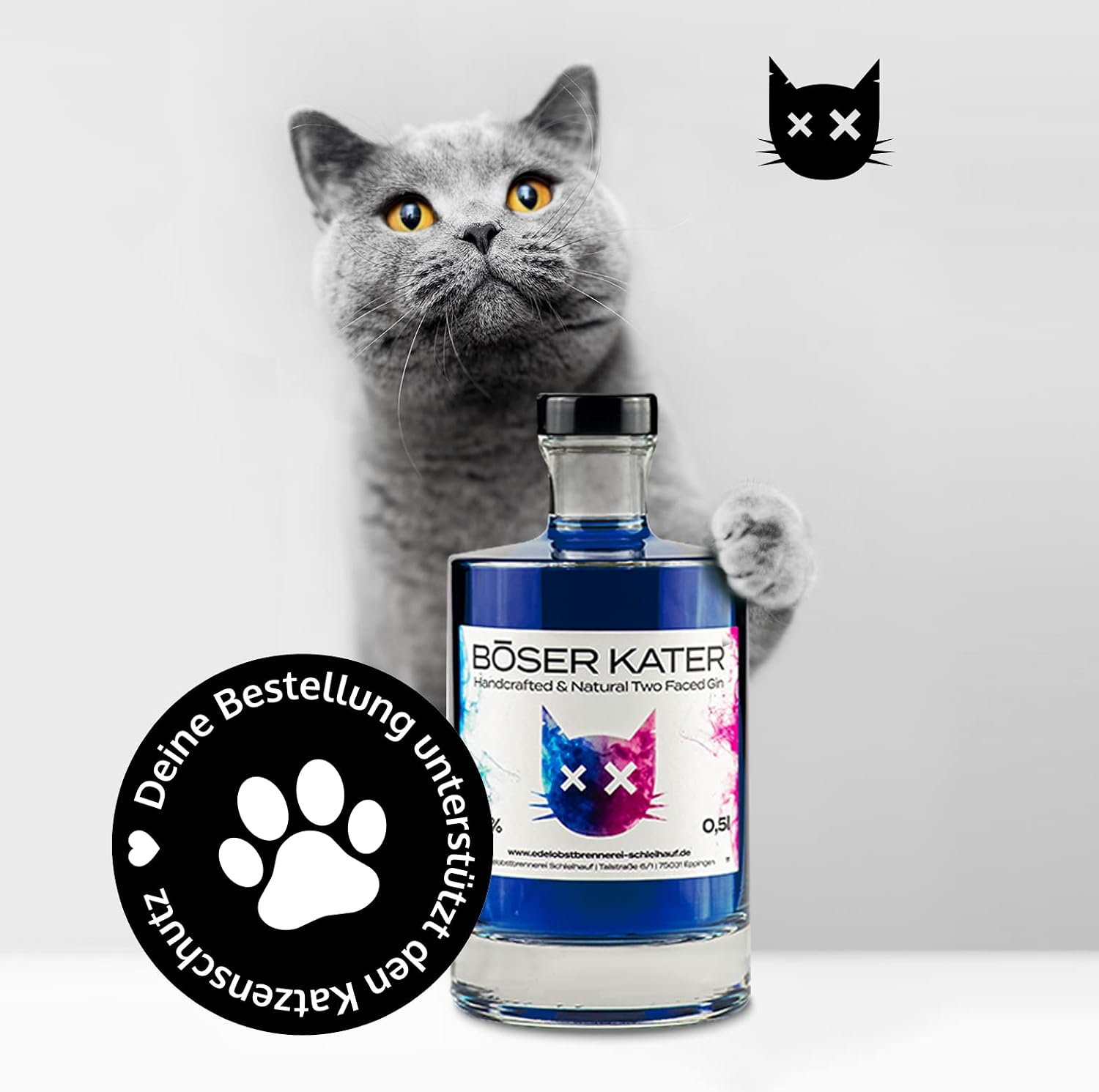 Detalle de BÖSER KATER Magic Two Faced Gin – Farbwechsel-Geschenk im hochwertiger Box, 0,5 l