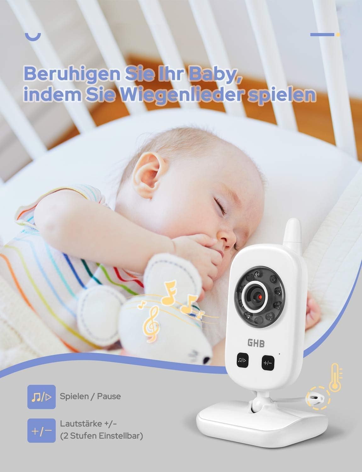 Detalle 2 de GHB Babyphone mit Kamera Video Monitor 2,4 GHz – Akku, Nachtansicht, Schlaflieder und Temperatursensor