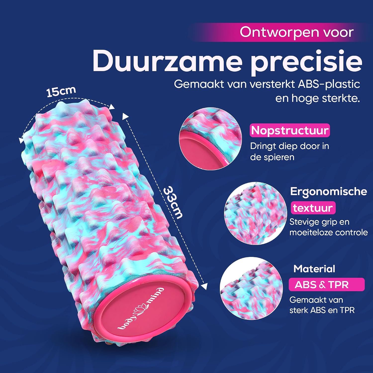 Detalle de Body & Mind Fascia Roller foamroller 33 x 14,5 cm met 3D-noppen, roze/blauw