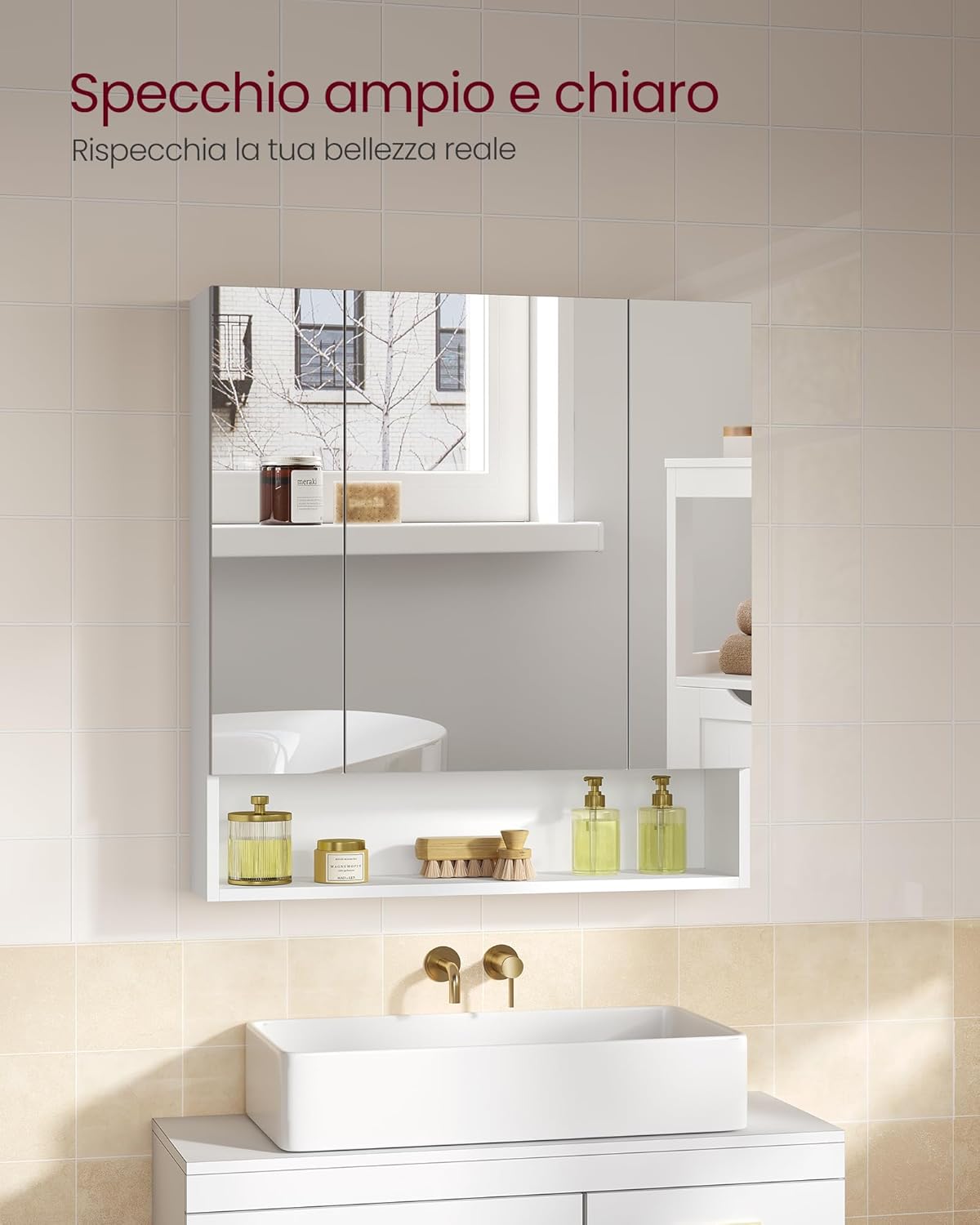 Detalle 2 de VASAGLE KAILYN BBK129W01 armadietto bagno da parete con specchio e ante a specchio