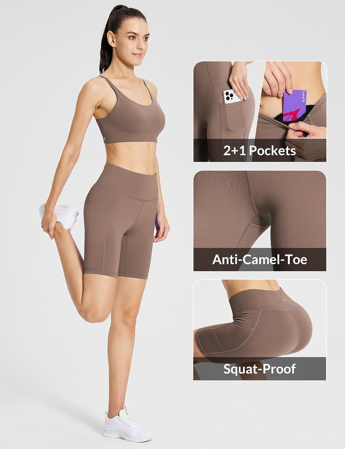 Detalle de baleaf Women's High-W waist Bicycle Shorts with Pockets (8" / 5" / 3" Inseams)