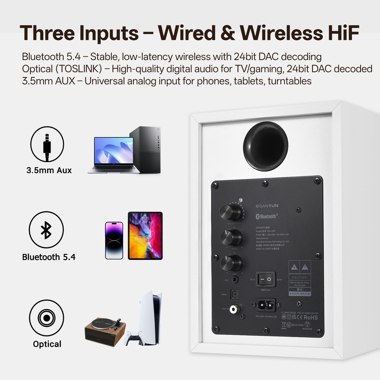 Detalle 2 de Sanyun SW205 4" 80W HiFi-Regallautsprecher – kompakter 2.0 Aktivmonitor mit verbessertem 3D-Soundfeld