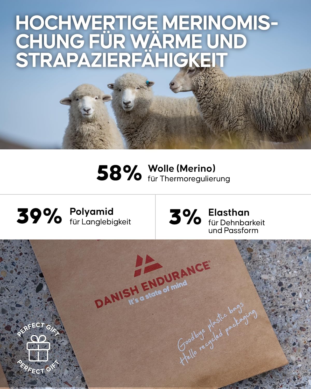 Detalle 1 de DANISH ENDURANCE Merino Liner Wandersocken 2 Paar