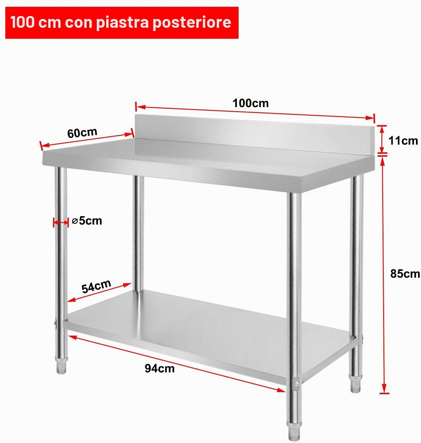 Detalle 2 de UISEBRT Tavolo da lavoro in acciaio inox 100 x 60 x 85 cm con bordo e gambe regolabili