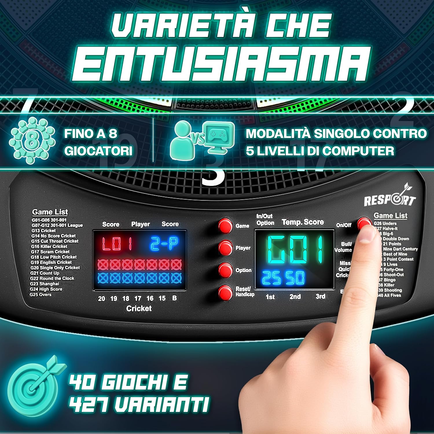 Thumbnail 4 de RE:SPORT Bersaglio elettronico per freccette – set professionale 1–8 giocatori
