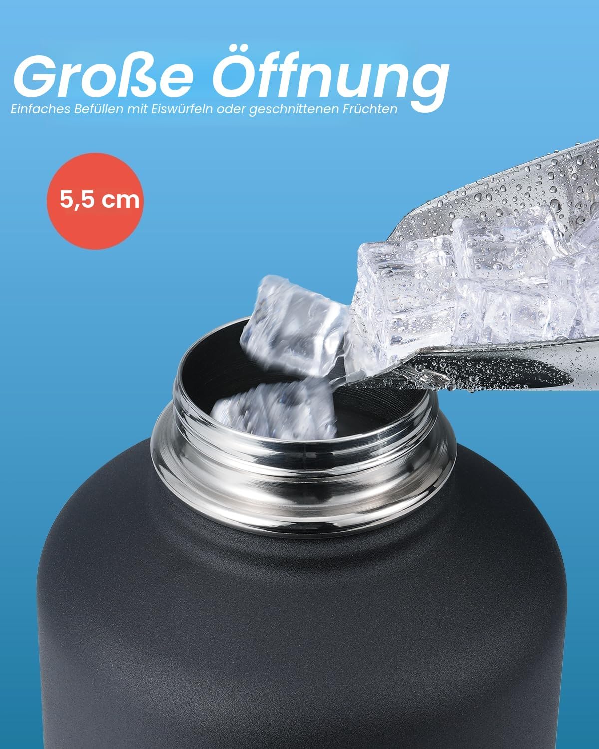 Detalle 2 de Coolflask Isolierte Wasserflasche 2L – 3 Deckel, Edelstahl 18/8, Doppelwandig, Auslaufsicher