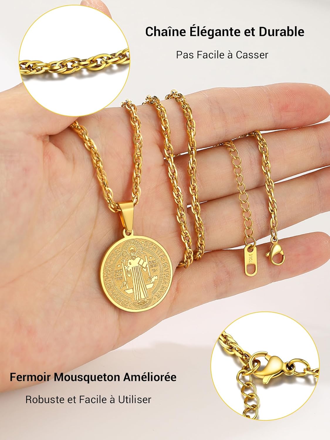 Thumbnail 3 de PROSTEEL Collier Saint Benoît homme en acier inoxydable 316L, pendentif rond/ovale avec chaîne ajustable