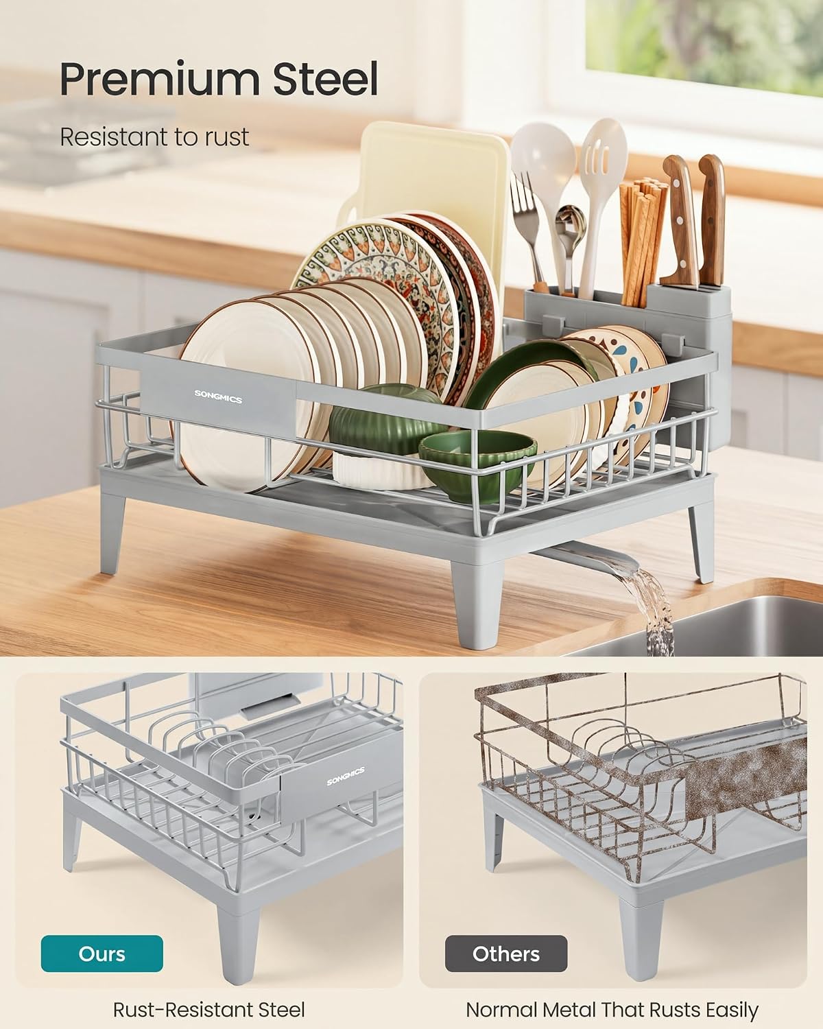 Thumbnail 2 de SONGMICS PATALLA KCS550G01 Dish Drainer Rack with 360° Rotating Spout, Dove Grey