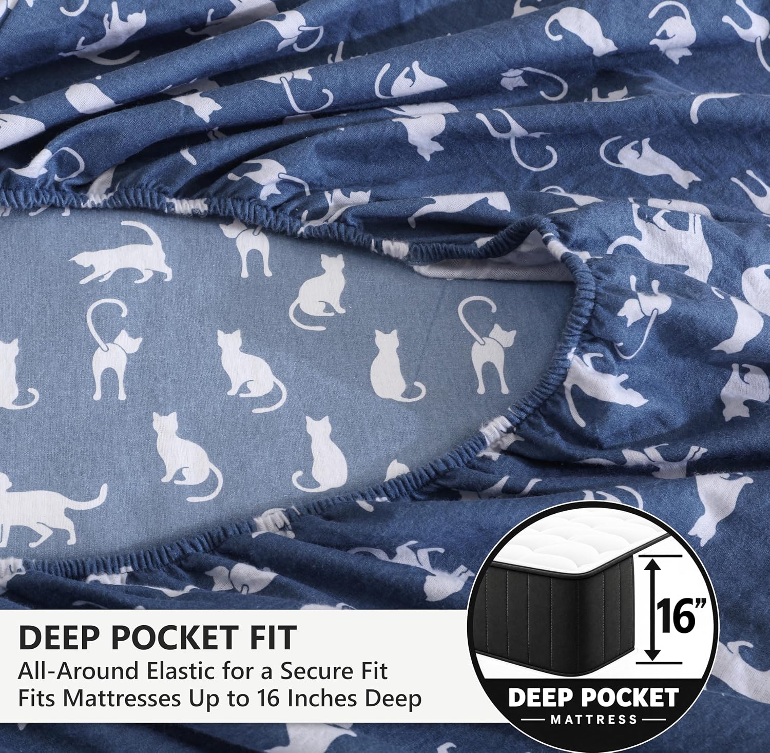 Detalle 2 de ZOYER Queen Flannel Sheets Set (100% Cotton) - Double Brushed, 16-Inch Deep Pockets, White Cat, 4-Piece