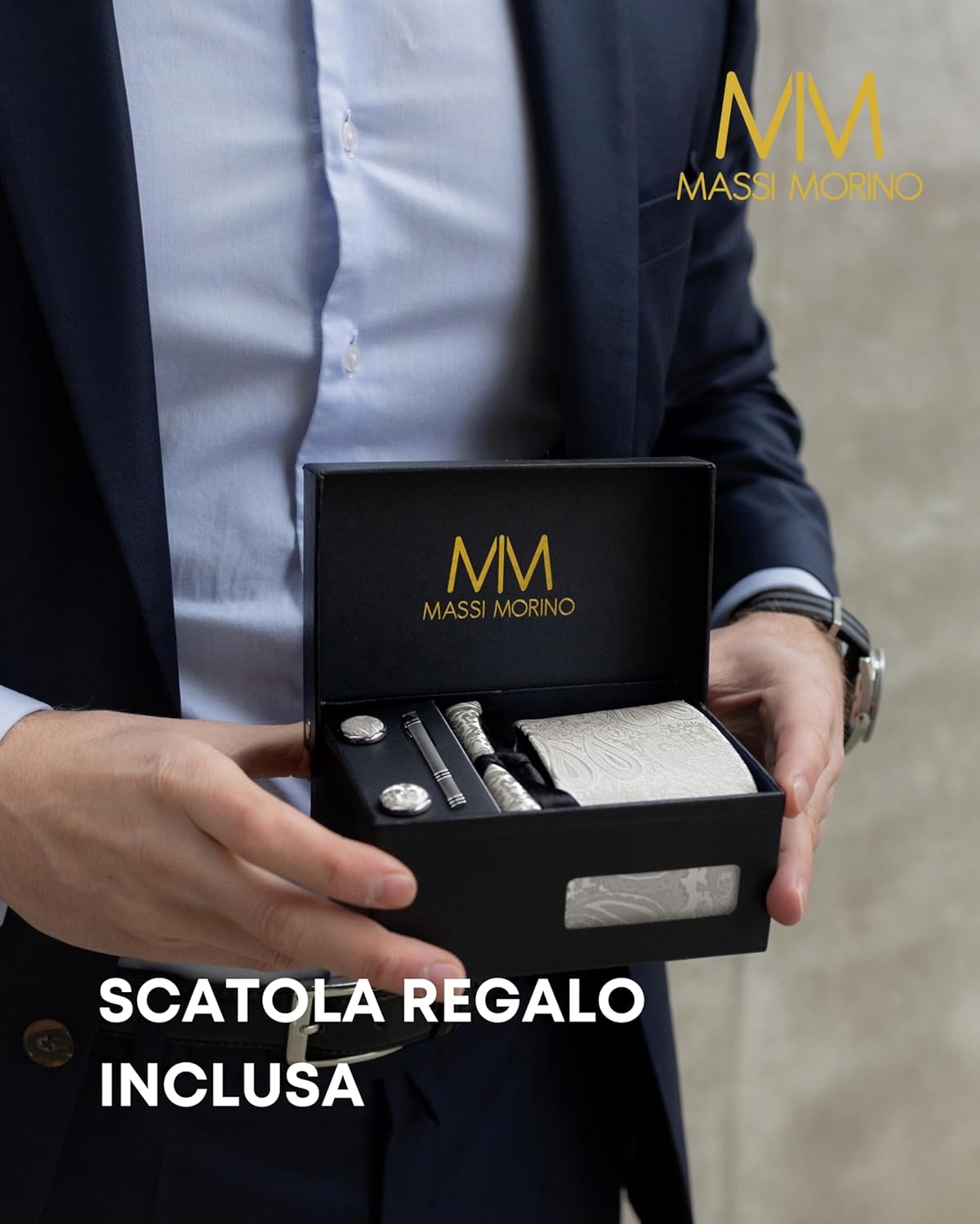 Thumbnail 4 de Massi Morino set cravatta, fazzoletto, gemelli e fermacravatta con guida per nodo Windsor (con confezione regalo)