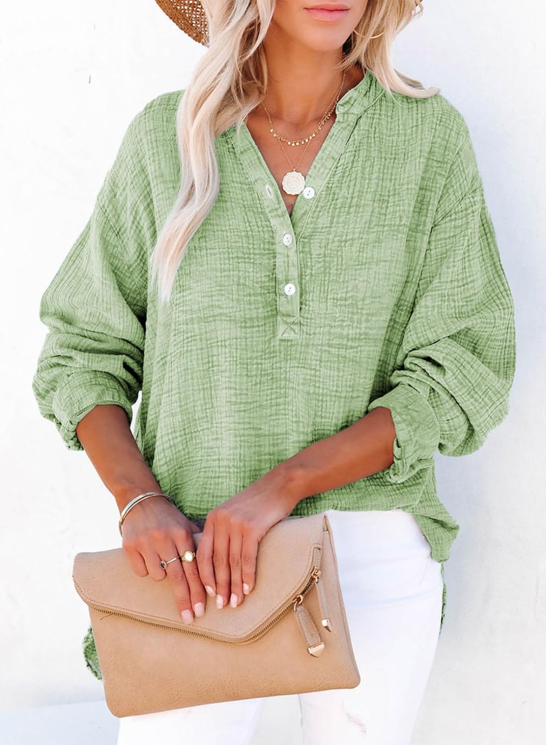 Thumbnail 2 de Dokotoo Women's Casual Button V-Neck Long Sleeve Oversized Solid Blouses Tops