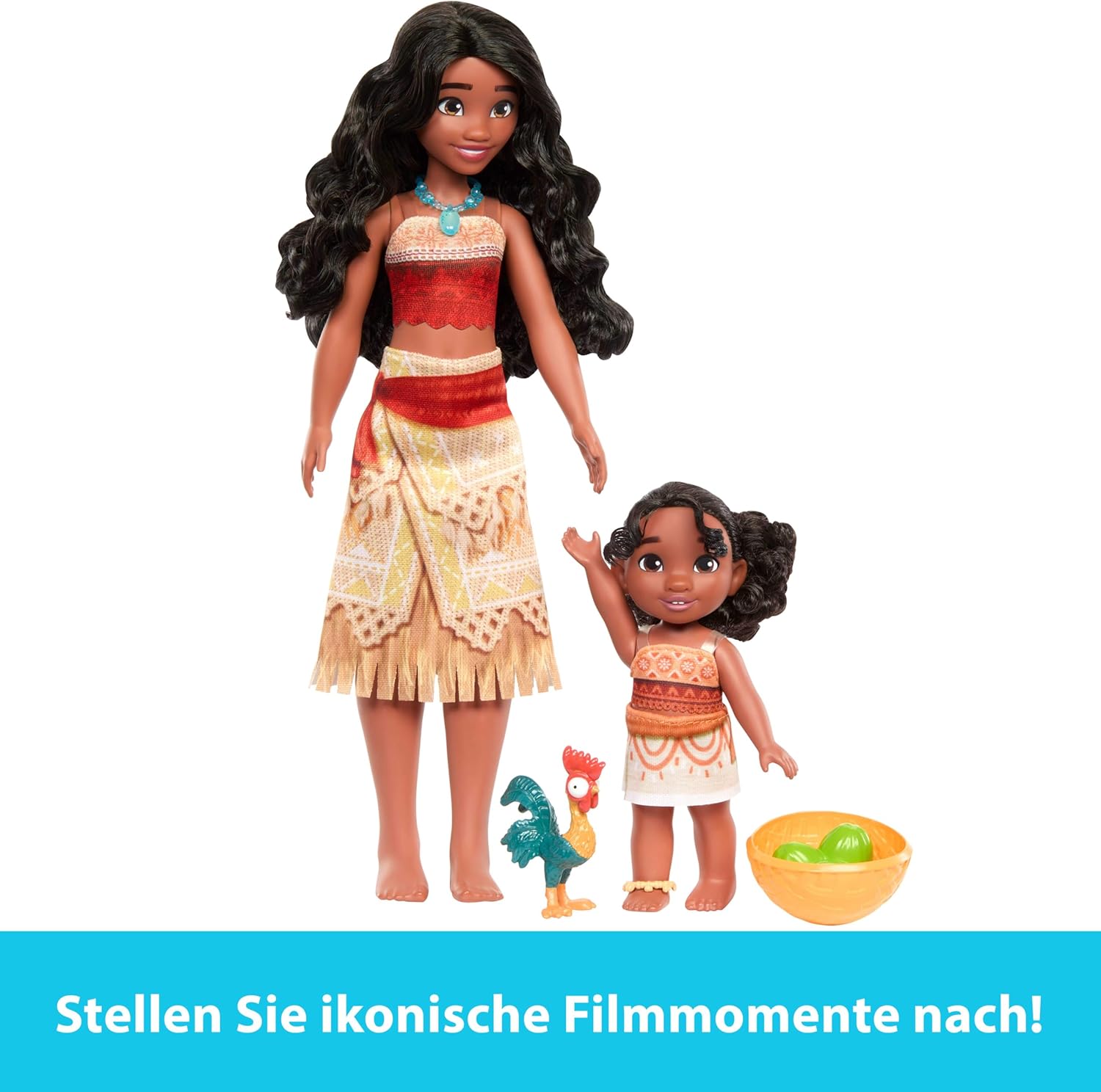 Detalle 2 de Mattel Disney Vaiana 2 Schwesternset – Vaiana & Simea mit Heihei, Korb & Kokosnüssen