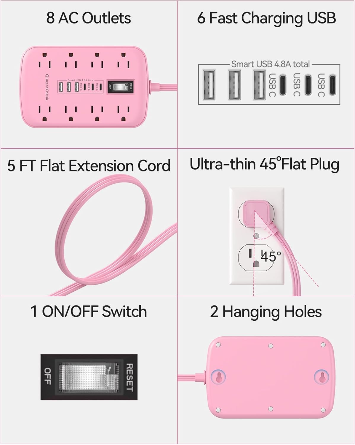 Detalle de Pink Extension Cord with Surge Protector - 5 ft Kawaii Power Strip with 8 Outlets and 6 USB Ports