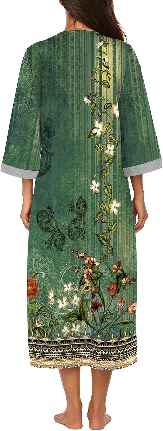 Detalle de Ekouaer Women's Full-Length Zip-Front Robe with 3/4 Sleeves and Pockets