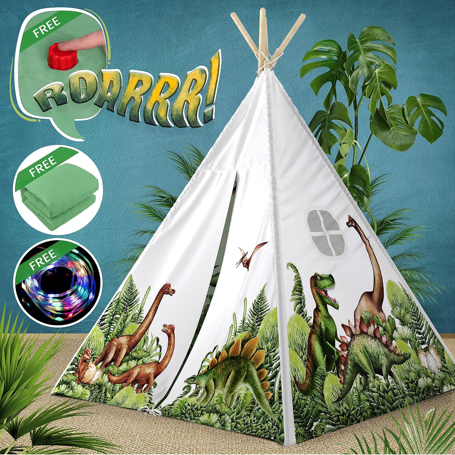 Detalle de W&O Dinosaur Discovery Teepee with Roar Button, LED Lights & Plush Mat
