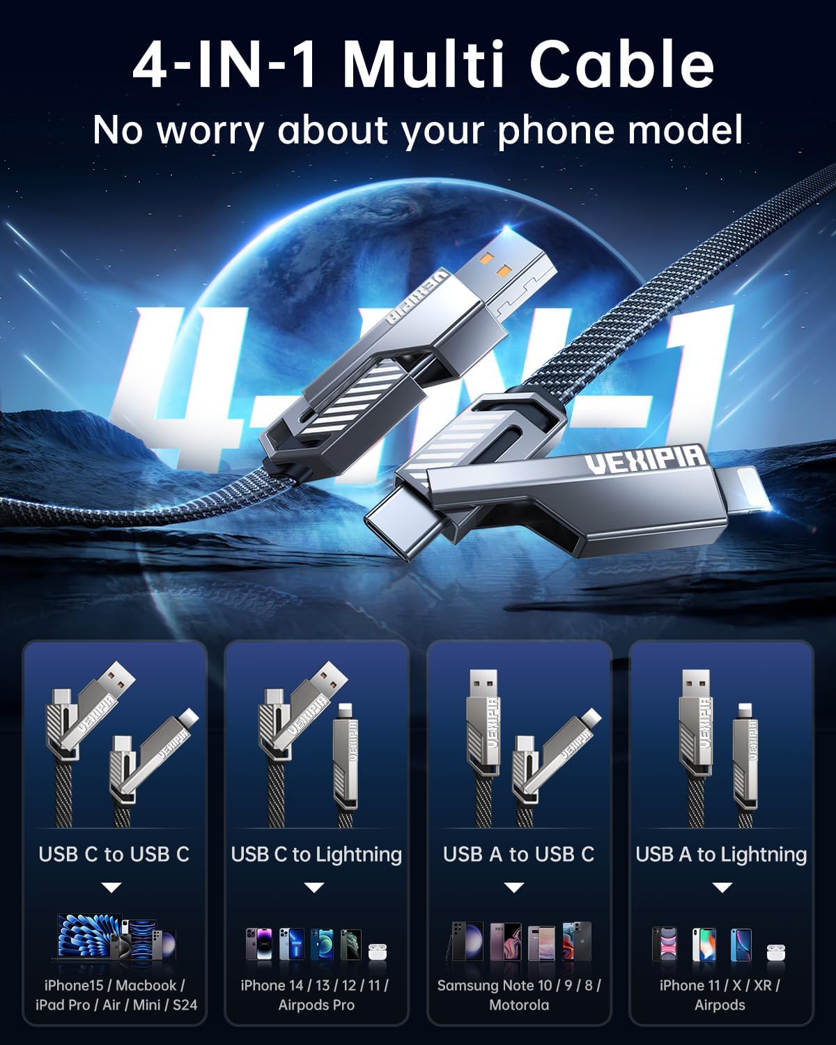 Thumbnail 1 de [Upgraded] 4-in-1 USB-C Cable 240W 5FT — 1 USB-A, 1 Lightning, 2 USB-C