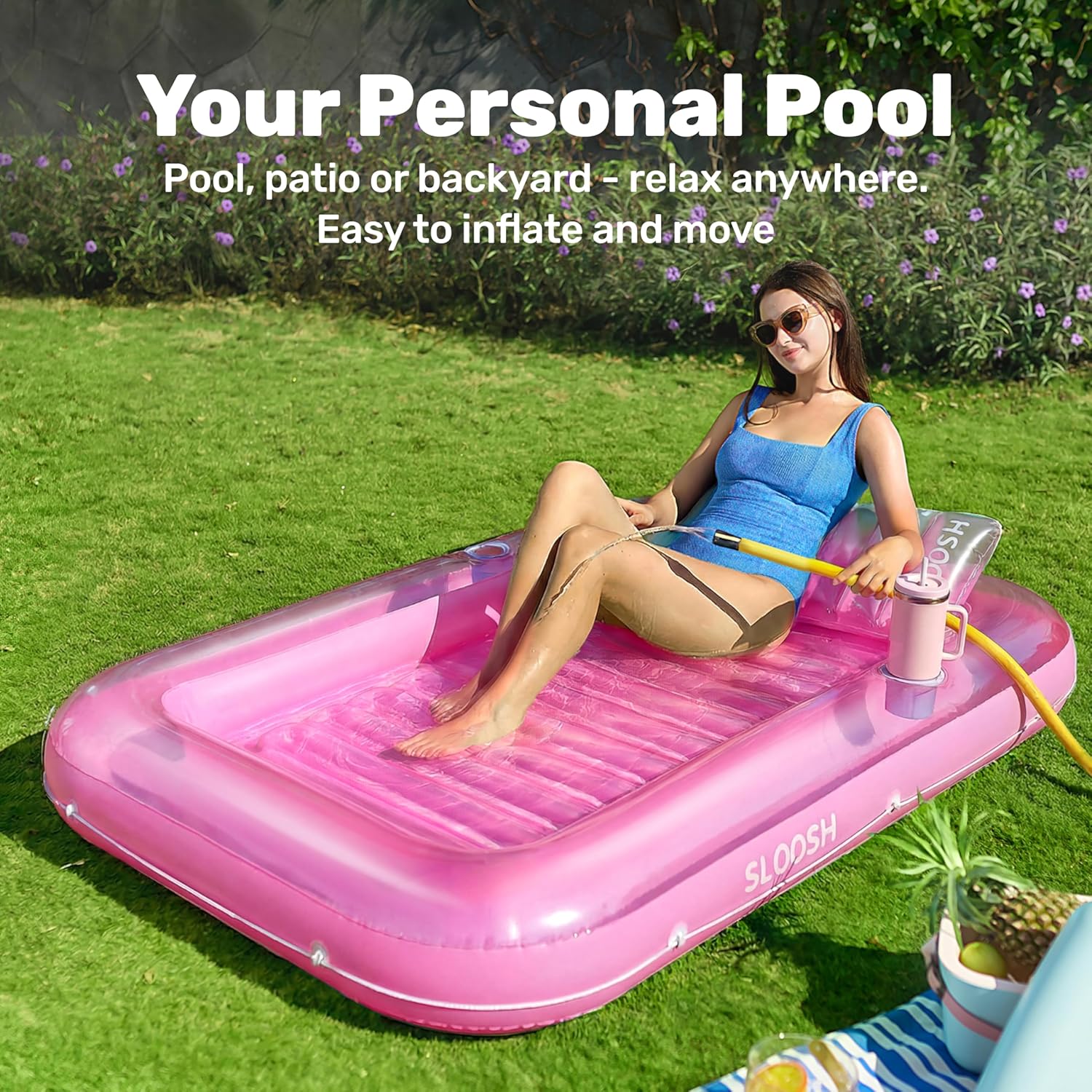 Thumbnail 2 de SLOOSH Inflatable Tanning Pool Lounger Float (70" x 46"), Pink - 4-in-1 Suntan Tub Raft