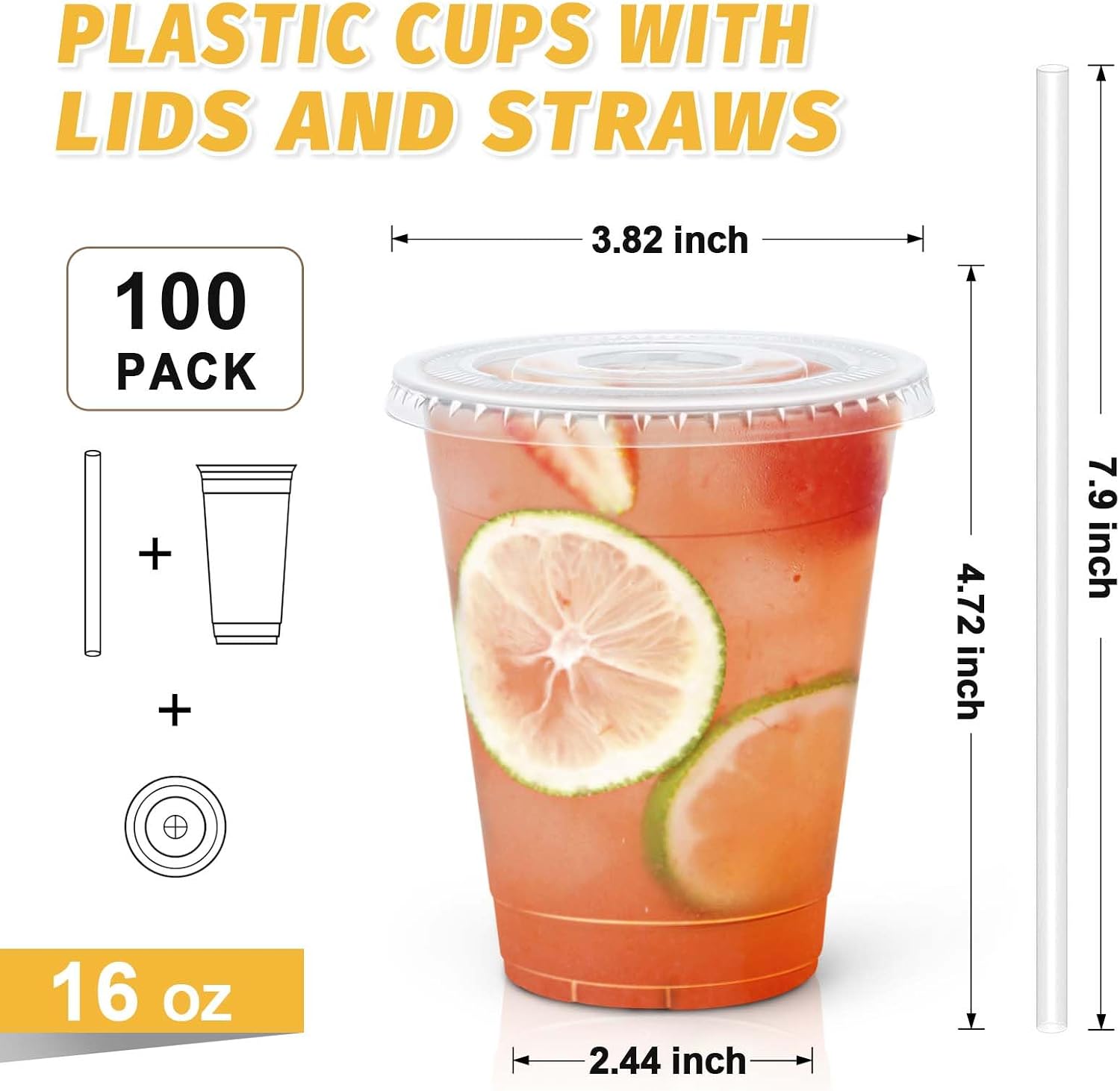 Detalle 2 de Clawsoff 100 Pack 16 oz Disposable Cups with Lids & Straws