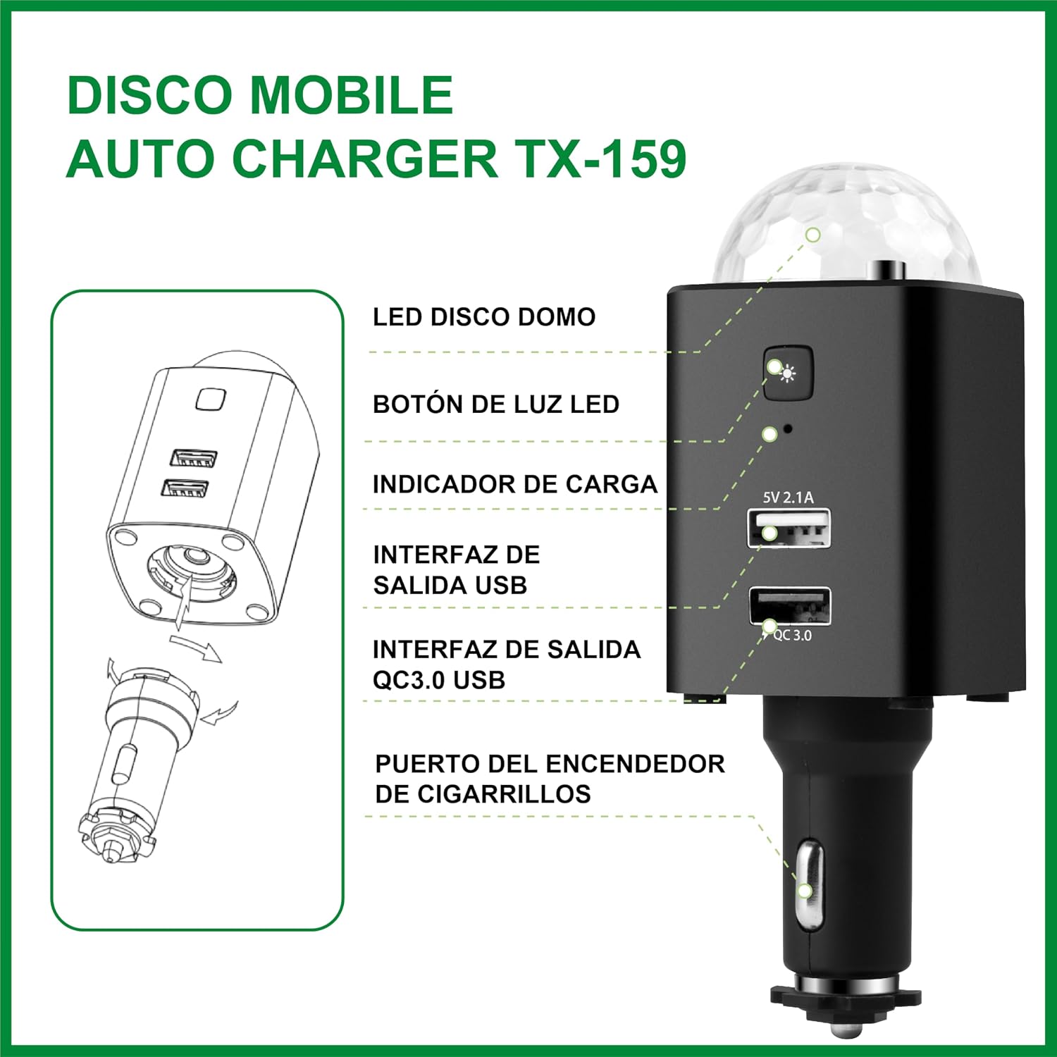 Detalle de Technaxx TX-159 Caricabatterie Auto 3 porte 800mAh
