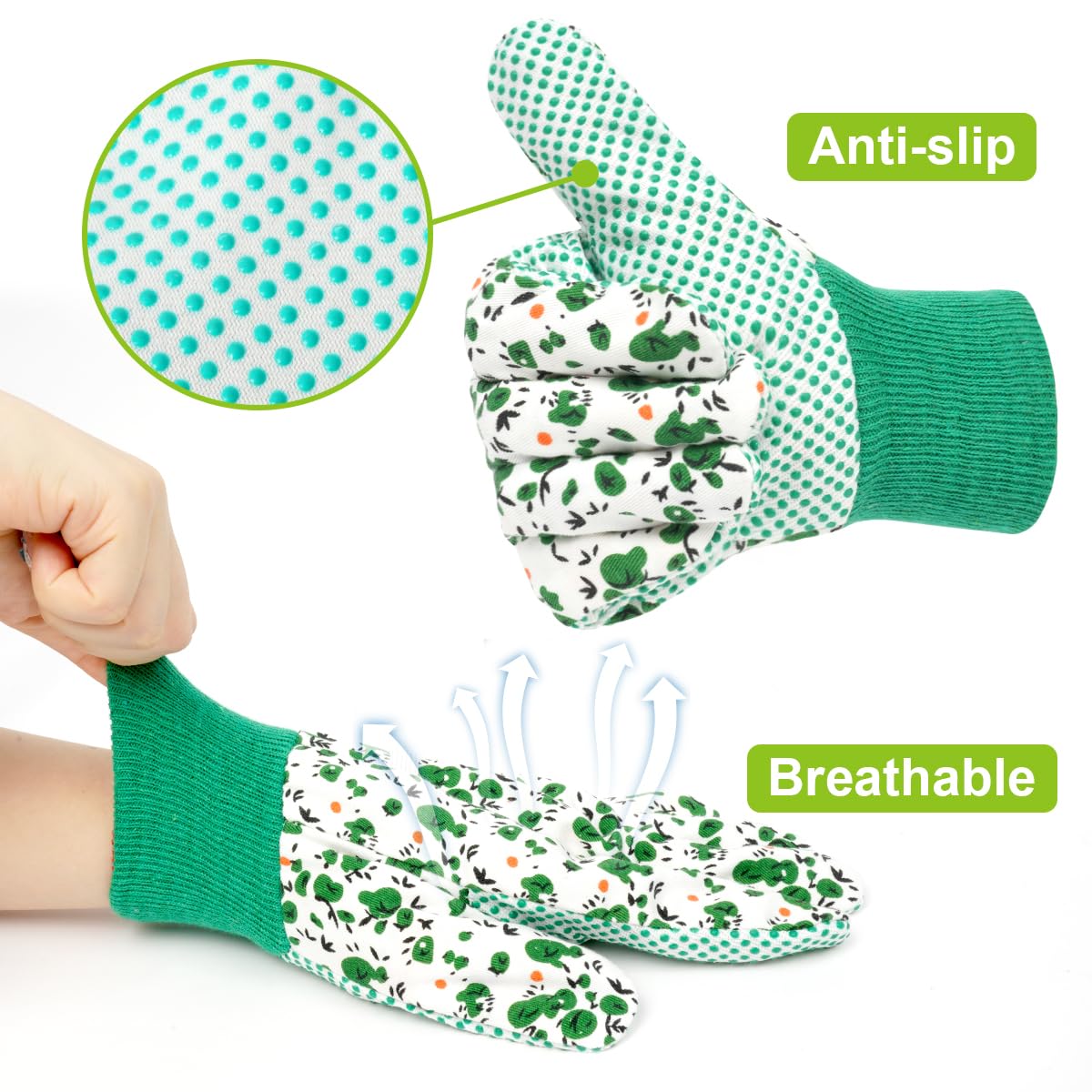 Detalle 2 de Ainiv 3 Paia Guanti da Giardinaggio Antiscivolo con Motivo Floreale – Comfort e Protezione per il Cortile