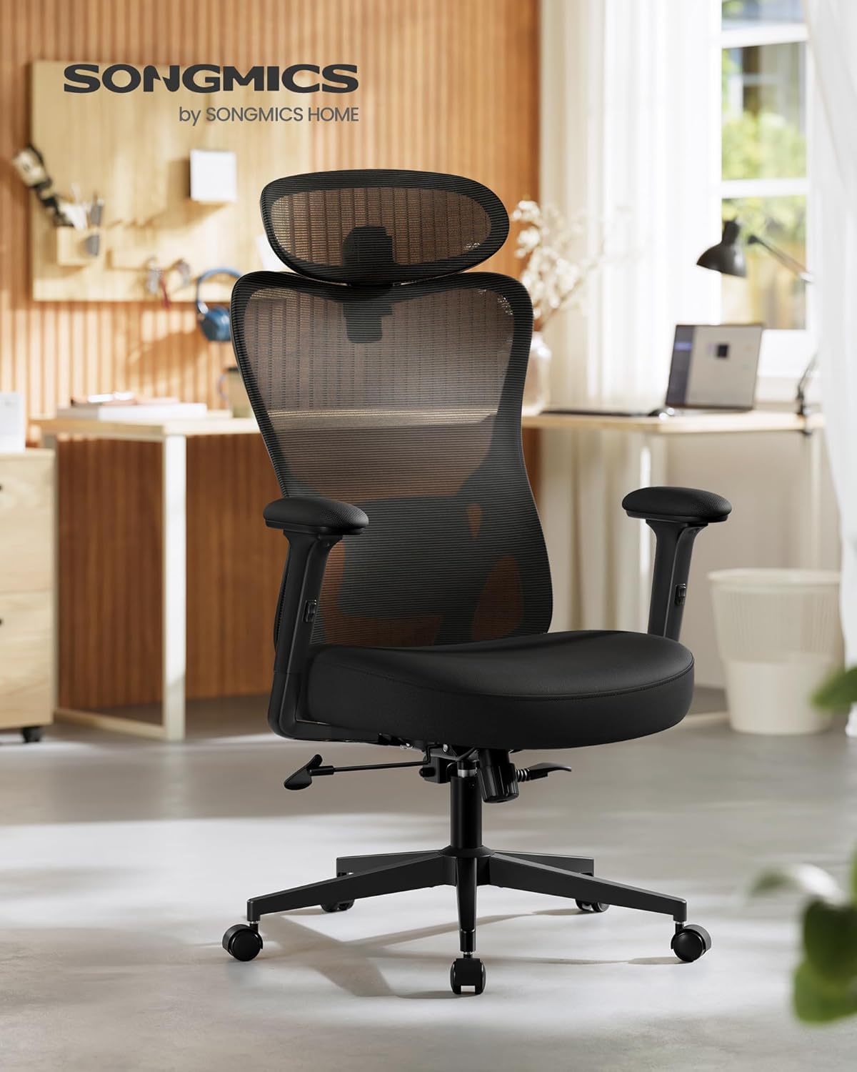 Detalle de SONGMICS OBN066BH01 ergonomischer Bürostuhl mit Rücken- und Kopfstütze