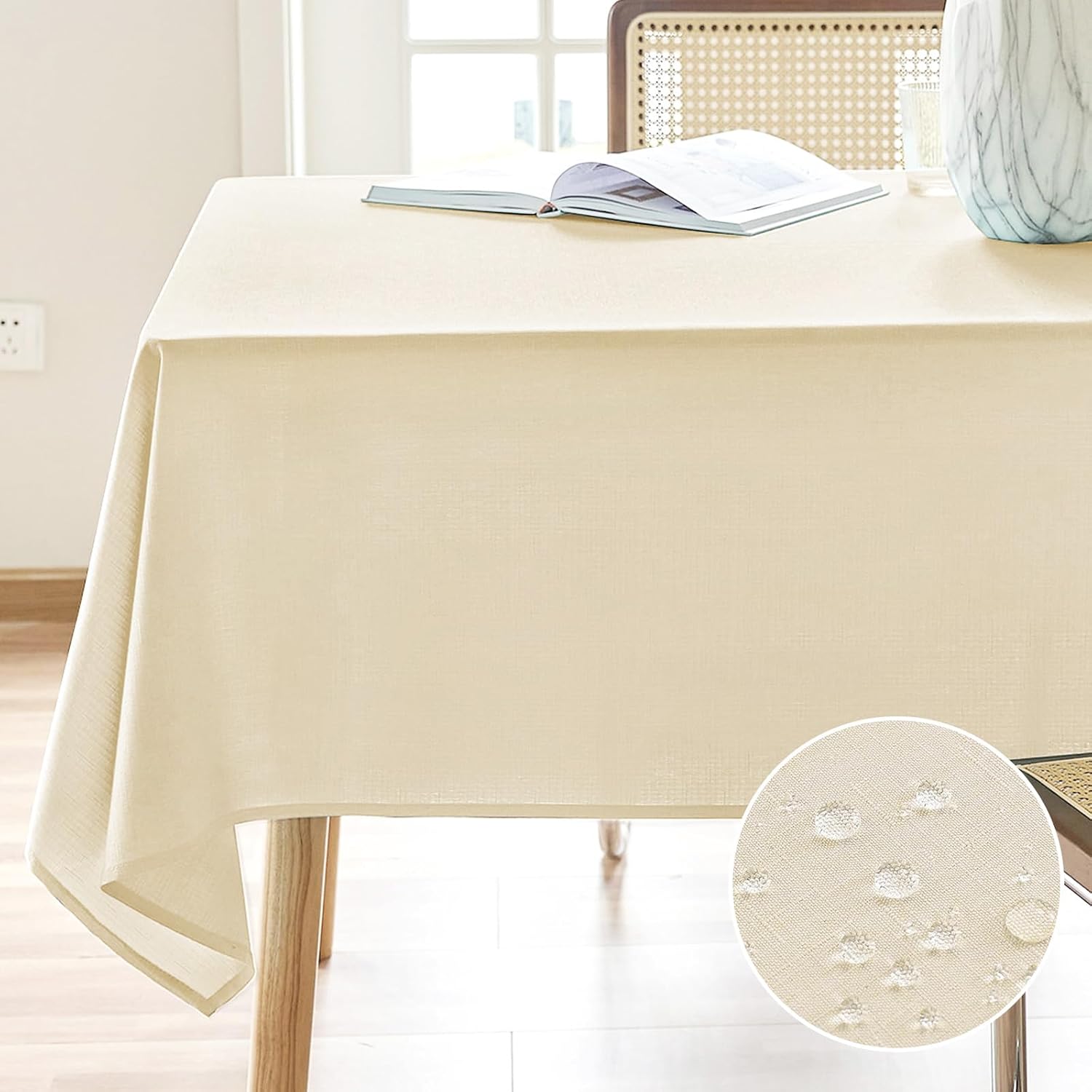 Detalle de AUSSPVOCT Textured Rectangular Tablecloth (Water Resistant, Wipeable, Wrinkle Free) — Cream, Spring/Easter Style