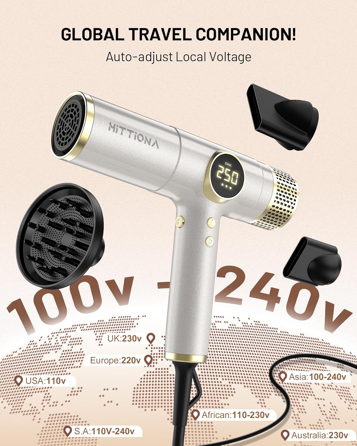 Detalle de Dual Voltage Travel Hair Dryer Ionic Blow Dryer 2000W – Compact, Lightweight, and Quiet for Global Use