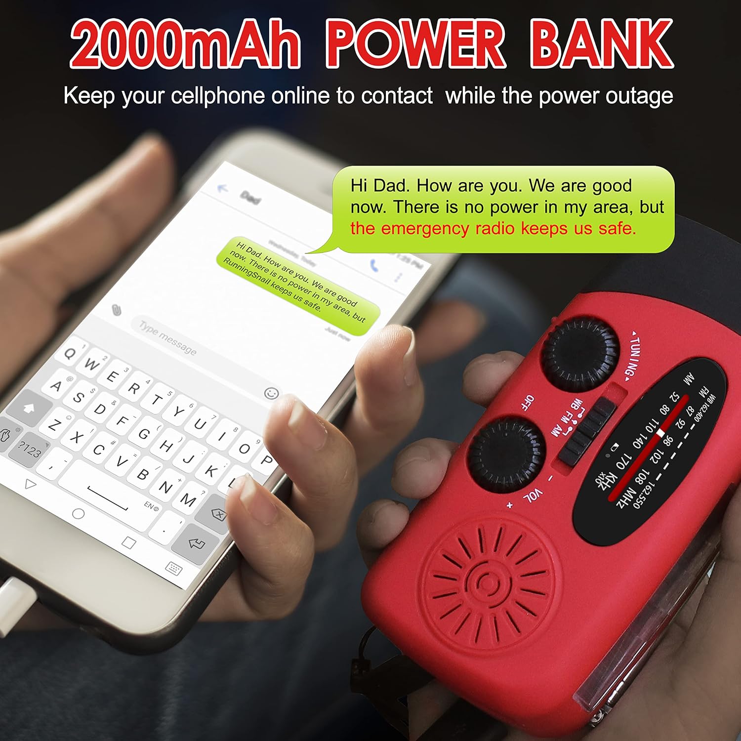 Detalle de RunningSnail Emergency Hand Crank Radio with LED Flashlight, AM/FM NOAA Weather Radio & 2000mAh Power Bank