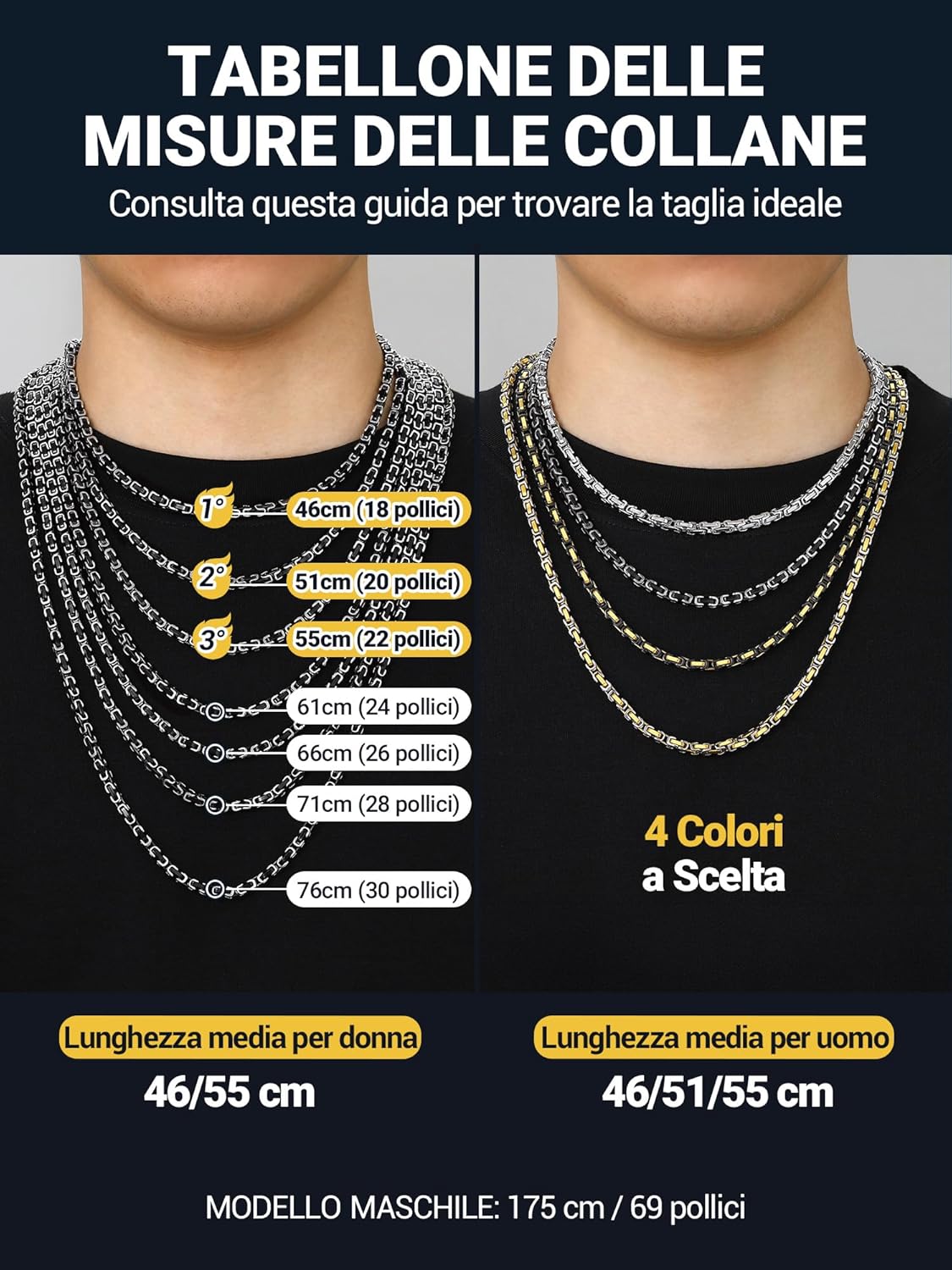 Thumbnail 5 de PROSTEEL Bizantina Collana Uomo in Acciaio a Catena, 4–6 mm, 45–75 cm, OPZIONI Argento/Nero/Oro