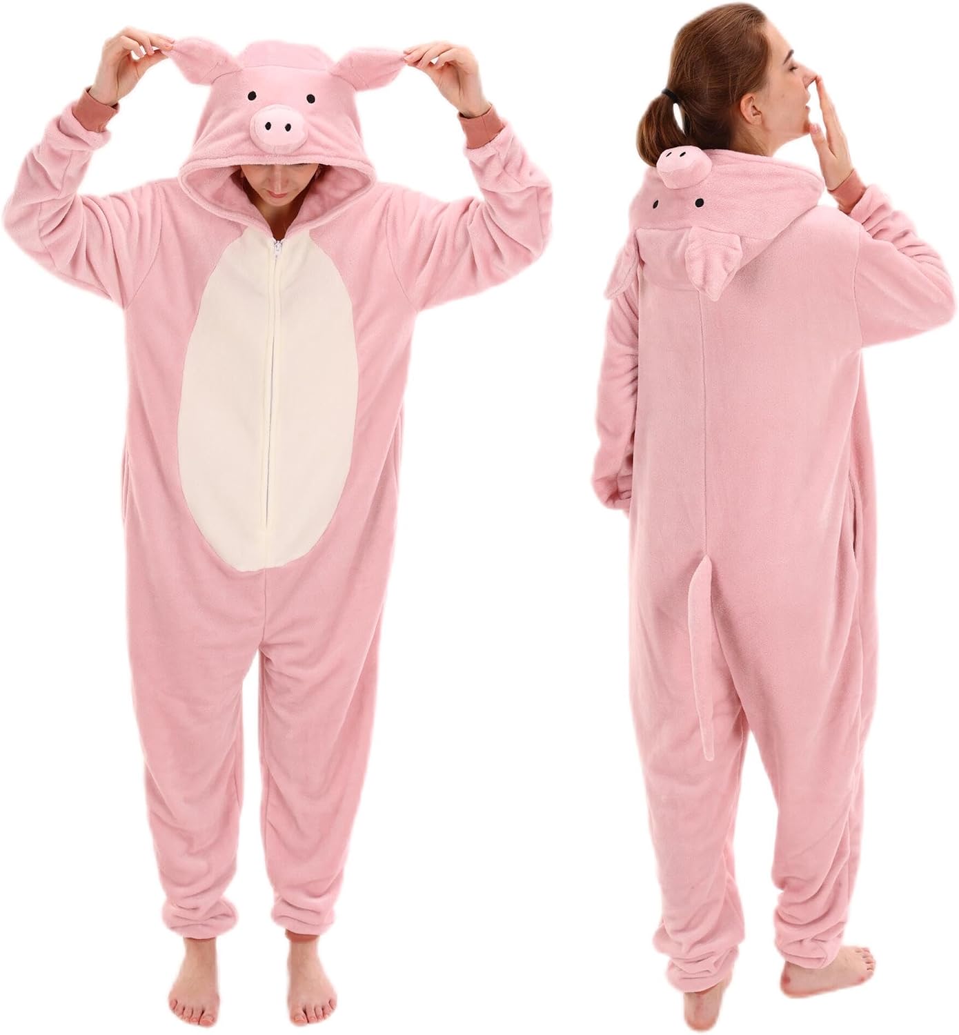 Detalle de AILMQYJL Unisex Adult Pig Onesie Pajamas, Flannel Hooded Costume with Zipper