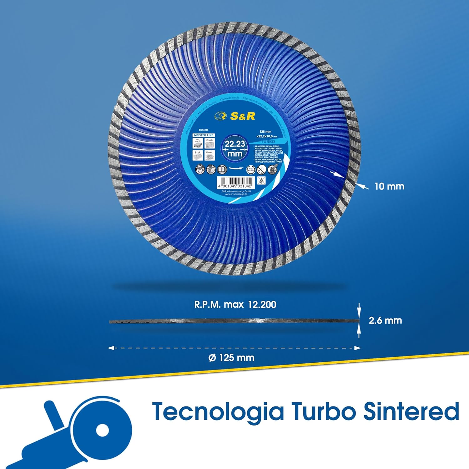 Thumbnail 2 de Disco Diamantato S&R 125 mm per Cemento Armato, Granito e Mattoni – Turbo Professionale