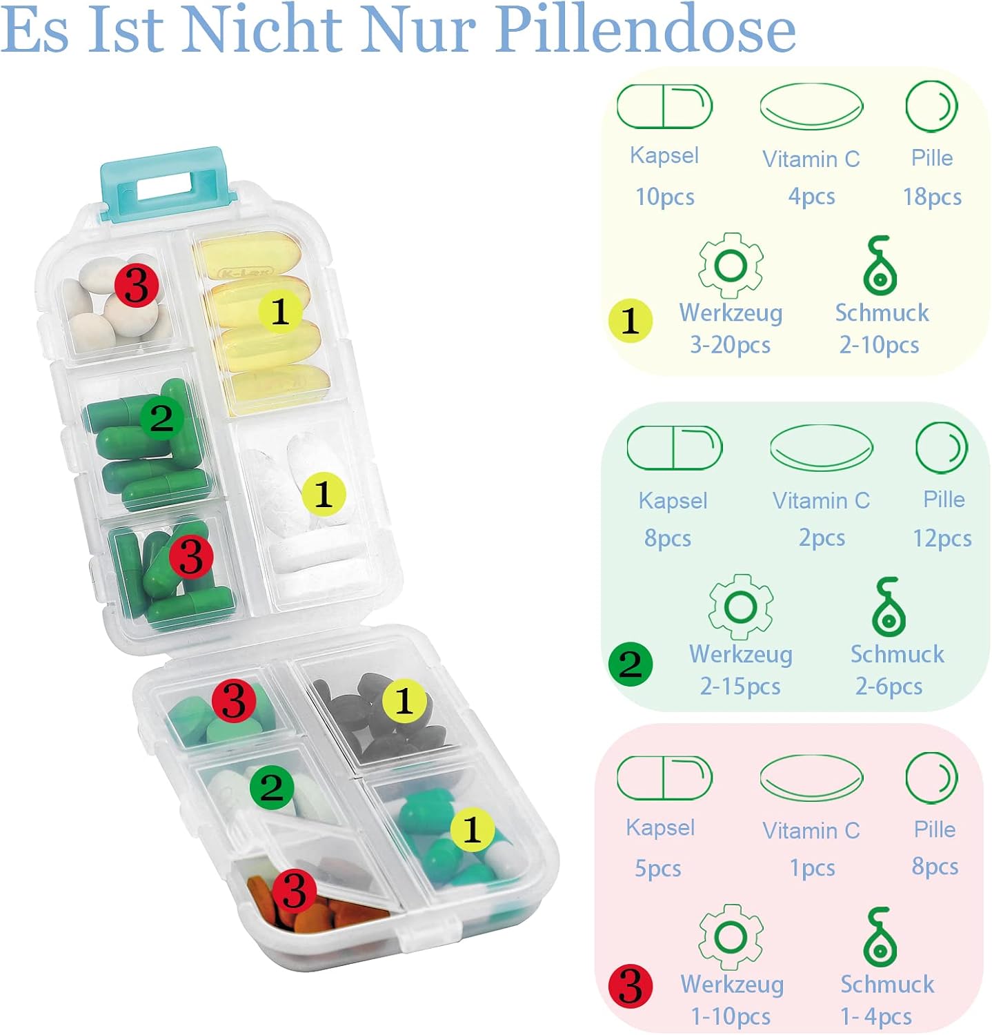 Detalle de 4er Pack Tablettenbox 7 Tage – Pillendose mit 10 Fächern von Muchengbao (Weiß)