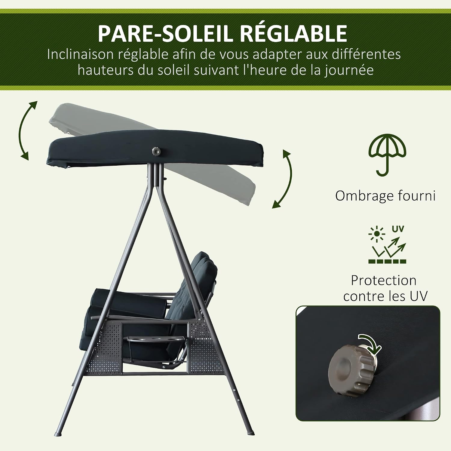 Thumbnail 3 de Outsunny Balancelle de Jardin 3 Places Grand Confort avec Toit Inclinaison et Coussins
