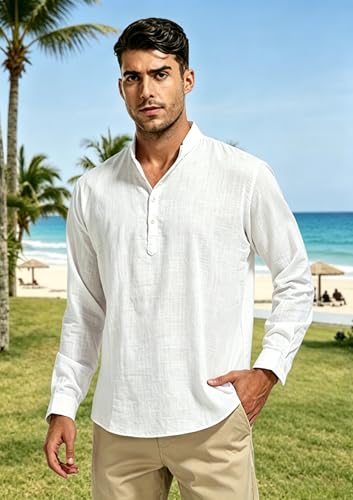 Detalle de Cegerne Camicia in Lino da Uomo a Maniche Lunghe – Estiva, Leggera e Traspirante (Bianco Sporco, Taglia L)