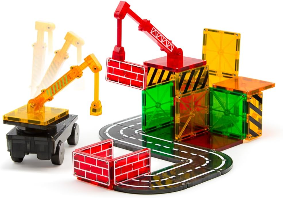 Detalle de Magna-Tiles Builder 21632 – magnetyczny zestaw konstrukcyjny, 32 elementy z żurawiami
