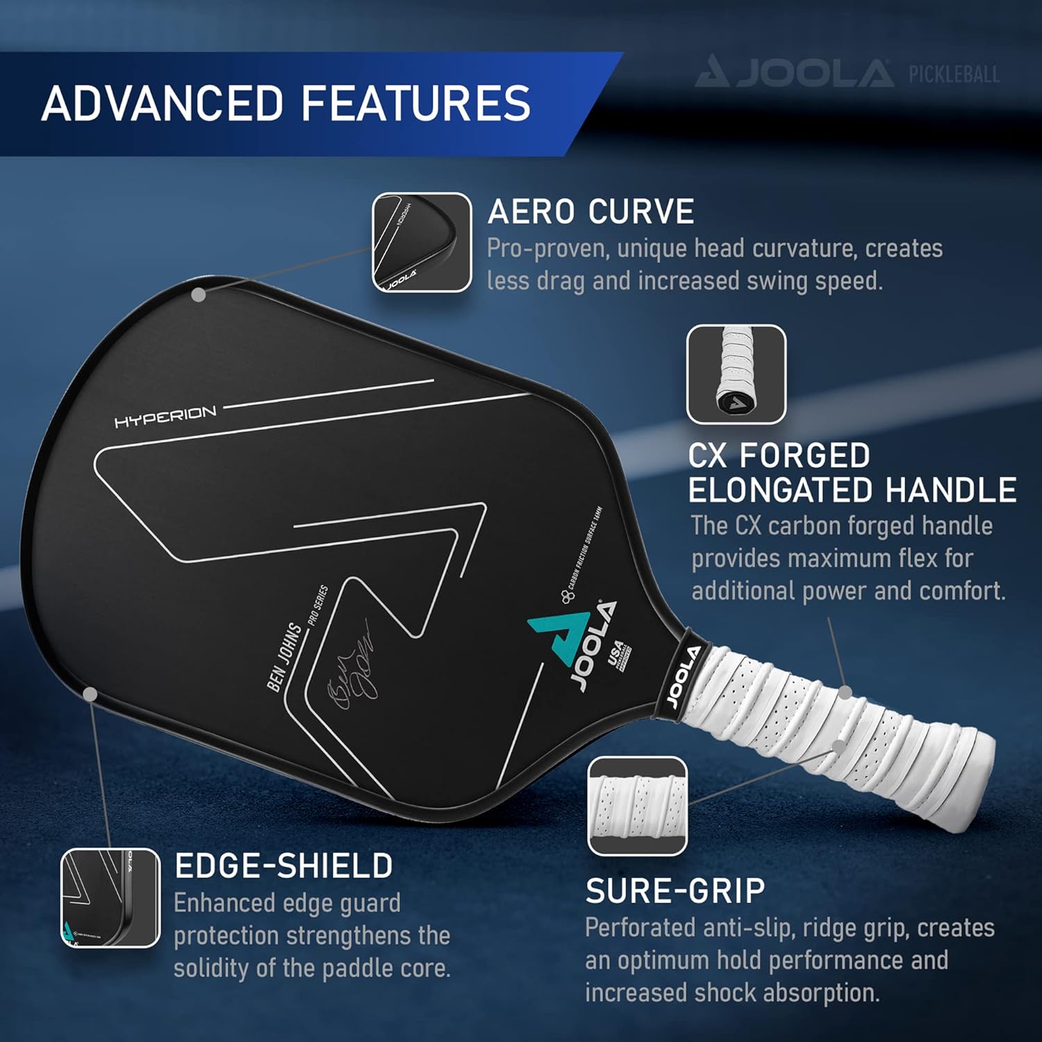 Detalle de JOOLA Ben Johns Hyperion CFS Pickleball Paddle — Carbon Surface, High Spin, Elongated Handle